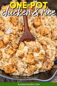 one pot chicken and rice casserole with a wooden spoon