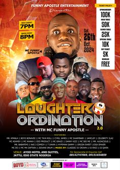 the poster for laughter ordination with mc tiny apolle and dj koo