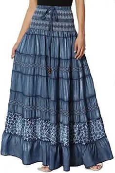 Long Denim Dress, Linen Maxi Skirt, Long Jean Skirt, Full Maxi Skirt, Ribbon Skirts, Print Embroidery, Denim Maxi, Strapless Midi Dress, Full Circle Skirts