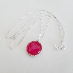 Sterling Silver Hot Pink Jade Necklace, Round Fuchsia Magenta Cerise Pink Cabochon Necklace, Choose Your Length by TemporalFlux on Etsy Pink Cabochon Round Necklace, Pink Round Cabochon Necklace, Pink Cabochon Necklaces For Gift, Pink Necklace With Bezel Setting For Gift, Fuchsia Necklace, Cabochon Necklace, Pink Jade, Cerise Pink, Jade Necklace