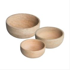 three wooden bowls sitting next to each other