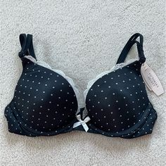 Victoria’s Secret Very Sexy Push Up Bra Black With White Polka Dots Size 32a Unworn With Tags Still On White Lace Trim On Cups And White Bow At Center Of Chest, Adjustable Straps Cute Bras Victoria's Secret Push Up, Victoria Secret Bra And Under Set, Girly Wardrobe, Youtuber Dr, Bridal Bra, Lace Halter Bralette, Cute Bras, Black Lace Bralette, Thrift Finds