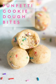 cookies with sprinkles are stacked on top of each other and the words funfetti cookie dough bites