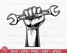 a hand holding a wrench with the word svg epss png dxf