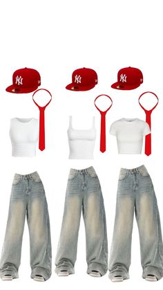 four pieces of clothing with hats, jeans and baseball caps on top of each other