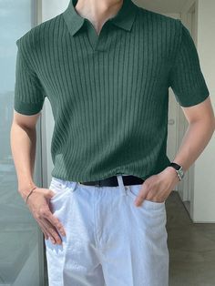 Green Casual Collar Short Sleeve Fabric Plain  Embellished Slight Stretch  Men Clothing Green Outfit For Men, Green Polo Shirt Outfit Men, Mens Cottagecore, Green Outfit Men, Polo Outfit Men, Polo Shirt Outfit Men, Vacation Outfits Men, Mens Vest Fashion, Polo Shirt Outfits