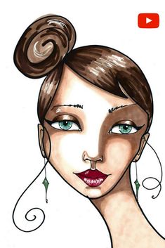 a drawing of a woman's face with green eyes and hair in an updo