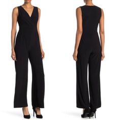 New With Tag Vince Camuto Pleated Surplice Sleeveless Jumpsuit Color: Black Available In Size: 8 Surplice Neckline Sleeveless Back Concealed Zip Closure Side Seam Pockets Stretch Knit Construction Lined Upper Shell: 95% Polyester, 5% Spandex Lining: 100% Polyester P9-0 8-3 1 B-14 Black Fitted Sleeveless Pantsuit, Sleeveless Fitted Jumpsuits And Rompers For Work, Fitted Sleeveless Jumpsuits For Workwear, Fitted Sleeveless Jumpsuits And Rompers For Work, Dark Blue Jumpsuit, Lace Top Jumpsuit, Black White Jumpsuit, Pleated Jumpsuit, Pocket Jumpsuit