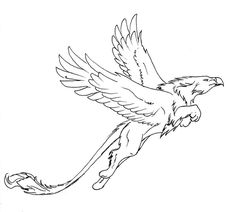 a drawing of a bird flying with its wings spread out and it's head turned to the side