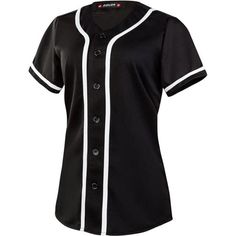 a women's black baseball jersey with white piping on the chest and sleeves