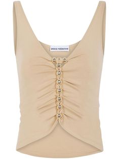 Chic Embellished Beige Tops, Chic Beige Embellished Tops, Elegant Embellished Cami Tops, Beige Embellished Sleeveless Top, Elegant Ruched Cami Top, Sleeveless Embellished Beige Top, Embellished V-neck Tank Top For Summer, Chic Embellished Tank Top For Summer, Elegant Ruched Tank Top For Spring