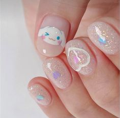 Cute Sanrio Nail Ideas, Cinnamonroll Sanrio Nails Short, Hello Kitty Cinnamon Roll Nails, Cinnamoroll Nails Simple, Cinamoroll Nails Simple, Cinnamonroll Sanrio Nail Art, Cinnamoroll Nails Short, Sanrio Short Nails, Nail Designs Sanrio