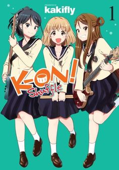 three girls in school uniforms holding guitars and the words kon - shui on them