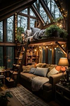 a loft bed with a ladder to the top and lots of lights on it in front of