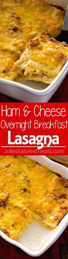 ham and cheese overnight breakfast lasagna in a white casserole dish on a red cloth