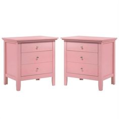 pair of pink nightstands with drawers on each side and one drawer open in front