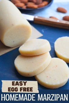 easy egg free homemade marzipan recipe with almonds and cinnamon on the side