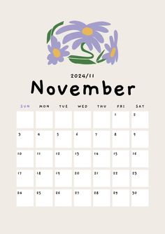 a calendar for november with flowers on it