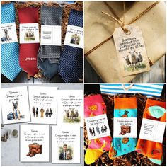 four different pictures with ties and tags on them, including one for men's clothing