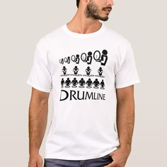 a man wearing a white t - shirt that says drumline