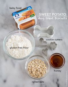 ingredients to make sweet potato dog treats laid out on a marble counter