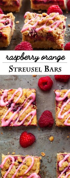 raspberry orange streusel bars with pink icing and raspberries