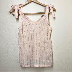 Nwt Size S Color Is A Sheer Light Baby Pink With Vertical Silver Foil Detail Tie Straps Elastic Around Bottom Of Shirt V Neck Front & Back Light Baby Pink, Small Tank Tops, Beachy Boho, Ruffle Tank Top, Active Tank Tops, High Neck Tank Top, Tie Crop Top, Bralette Crop Top, Flowy Tank Tops