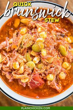 a close up of a bowl of stew with text overlay that reads quick brunch stew