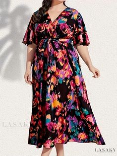 Lasaky - Premium Plus Size Boho Dress for Women - Exquisite Oil Painting Print Butterfly Sleeve Maxi Dress with Surplice Neckline and Matching Belt Black Maxi Dress With Vibrant Print, Plus Size Boho Dress, Black V-neck Dress With Vibrant Print, Multicolor Floral Print Boho V-neck Dress, Plus Size Bohemian, Multicolor Floral Print Maxi V-neck Dress, Multicolor Floral Print Maxi Dress, Free Size, Plus Size Boho, Multicolor V-neck Maxi Dress With Abstract Print