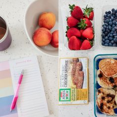 breakfast foods are arranged on a table with a cup of coffee, fruit and notebook