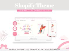 the shopify theme is displayed on an open laptop screen, with pink flowers in the background