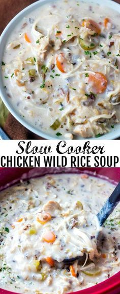 chicken wild rice soup in a red bowl with a spoon