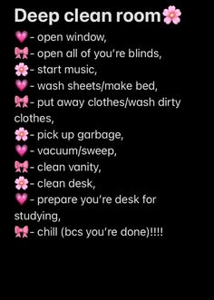 a black background with pink flowers and words on the bottom right corner that says deep clean room