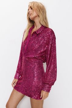 All-over sequin embellishments add glamorous texture 
 Relaxed fit with button front fastening 
 Mini length with bishop sleeves 
This sequin shirt dress from Warehouse is an eye-catching choice for a night out. The all-over sequins create a glamorous, light-reflecting texture that demands attention. Cut in a relaxed fit with a button front fastening, the mini length shows just enough leg while the bishop sleeves provide coverage for the arms. 
Style this sparkling sequin dress for the club or drinks with strappy high-heeled sandals, as pictured. The straight silhouette skims the body in all the right places while allowing natural movement. For accessories, opt for a minaudière and chandelier earrings to complement the shimmering embellishments. With just the right amount of dazzle, thi Dress For The Club, Knee Length Evening Dress, Sequin Shirt Dress, Dresses Sequin, Natural Movement, Sequin Shirt, Long Sleeve Evening Dresses, Knee Length Dresses, Evening Dresses Long