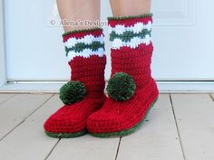 Women's Christmas Boots Crochet Patterns Slippers, House Slippers Pattern, Crochet Boots Pattern, Boot Pattern, Crochet Slipper Boots, Slippers Boots, Christmas Boots, Christmas Slippers, Elegant Boots