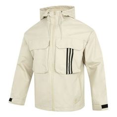 Men's adidas U Util Wb3 Stripe Athleisure Casual Sports Hooded Jacket Khaki HM3820 Techwear Cotton Hooded Jacket For Sports, Cotton Techwear Hooded Jacket For Sports, Hooded Sportswear Activewear With Pockets, Sporty Nylon Outerwear With Three Stripes, Sporty Nylon Outerwear With Stripes, Adidas Cotton Track Jacket For Sports, Casual Winter Activewear For Outdoor, Casual Winter Outdoor Activewear, Adidas Functional Windbreaker With Three Stripes