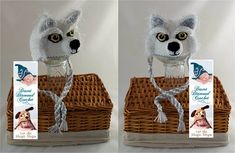 two pictures of a stuffed animal in a wicker basket with tags attached to it