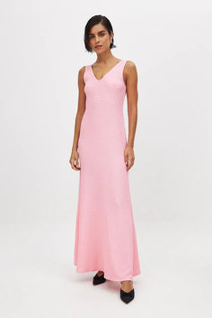 Bow Detail Maxi Dress Elegant Pink Maxi Length V-neck Dress, Elegant Pink V-neck Maxi Dress, Pink Maxi Length V-neck Dress For Spring, Pink Maxi V-neck Dress For Party, Pink V-neck Maxi Dress For Evening, Summer Evening Pink V-neck Dress, Chic Pink V-neck Maxi Dress, Feminine V-neck Maxi Dress For Vacation, Pink V-neck Evening Dress For Summer