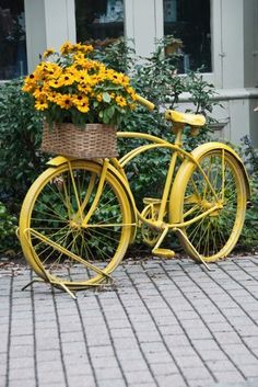 a yellow bicycle is parked next to some flowers