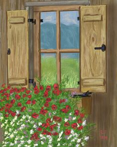 a painting of an open window with red and white flowers