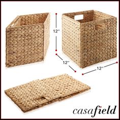 two baskets with measurements for each basket and the bottom one has a handle on it