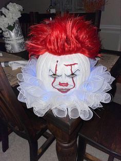 a creepy clown mask sitting on top of a wooden table