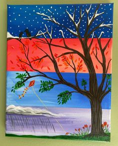 an acrylic painting of a tree with birds perched on it