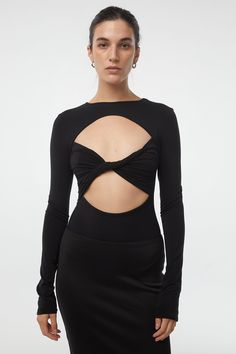 Cerys Bodysuit - Black | The Line by K Long Sleeved Jumpsuit, Column Skirt, Latest Fashion Design, Long Sleeve Jumpsuit, Bandeau Top, Black Bodysuit, Roberto Cavalli, Invisible Zipper, Cut Outs