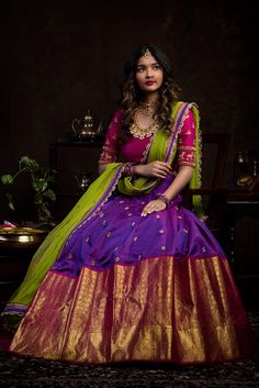 Kanjeevaram Lehenga, Wedding Indian Saree, Teja Sarees, Half Saree Function, Langa Voni, Lehenga Saree Design, Half Saree Lehenga, Indian Outfits Lehenga, Lehnga Dress