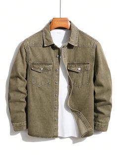 Men's Long Sleeve Button Up Vintage Basic Plain Button Up Denim Casual Shirt, For Work, Friends Olive Green Casual  Long Sleeve Denim Plain Shirt Non-Stretch  Men Clothing, size features are:Bust: ,Length: ,Sleeve Length: Khaki Cotton Button-up Denim Jacket, Khaki Cotton Denim Jacket With Button Closure, Casual Khaki Button-up Denim Jacket, Khaki Long Sleeve Denim Jacket With Button Closure, Casual Khaki Denim Jacket With Button Closure, Olive Green Shirt, Green Jeans, Long Sleeve Tops Casual, Plain Shirts