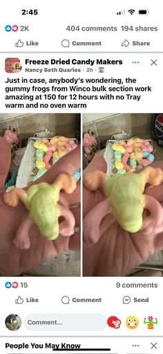 two pictures of someones hand with fake food in it and the caption reads, press bed candy makers just because anybody's wondering