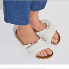 From Birkenstock: "Maximum Comfort, Minimalist-Friendly Design. The Oita Sandal's Suede Upper Comes Together Softly Over The Foot, Secured By A Nubuck Leather Strap. A Double Hook-And-Loop Closure Lets You Perfect The Fit From The Inside Out. Grounded In An Original Contoured Footbed, This One Will Feel Uniquely Yours Wherever You Wear It. Contoured Cork-Latex Footbed Creates Custom Support With Wear Suede Upper With Nubuck Leather Hook-And-Loop Strap Suede Footbed Lining Eva Sole Is Flexible An Birkenstock Sandals Women, Birkenstock Sandals Arizona, Grey Sandals, Cute Slippers, Woven Sandals, Buckle Sandals, Eva Sole, Friendly Design, Birkenstock Shoes