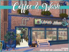 the coffee and wash shop is located in front of a brick building with blue trim