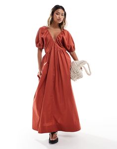 Dresses by ASOS DESIGN Low effort, high reward Plunge neck Puff sleeves Tie-back fastening Regular fit Midi Smock Dress, Maxi Dress Trend, Orange Dress, Hoodies For Sale, Smock Dress, Linen Dresses, Tea Dress, Skirted Swimwear, Mini Dress Party